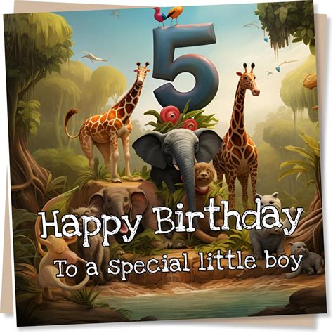 5th Birthday Card For Boy - Jungle Illustration - Happy Birthday To A ...