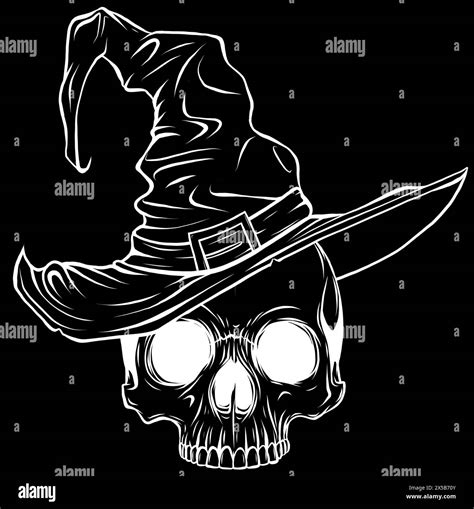 white silhouette of skull with witch hat vector illustration on black background Stock Vector ...