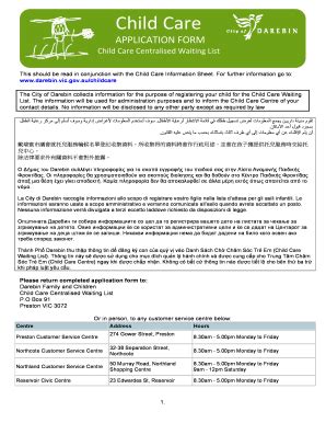 Fillable Online Child Care Application Form February 2012 3 ...