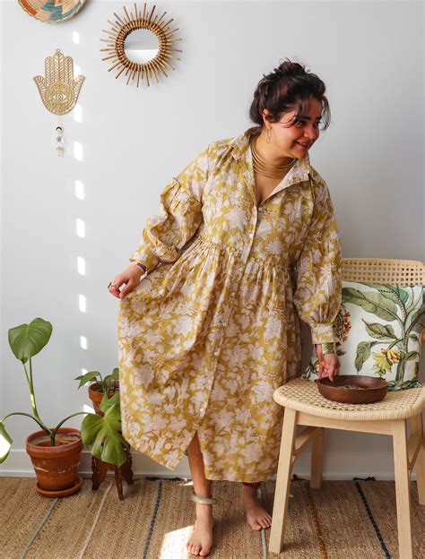 'Frida' Limited Edition Kalamkari Organic Cotton Boho Dress (Mustard Y ...