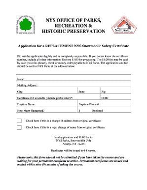 Snowmobiles - Replacement/Duplicate Safety Certificate - Parks Ny ...