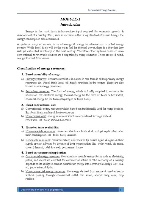 RES Module-1 & 2 Notes - MODULE- Introduction Energy is the most basic ...