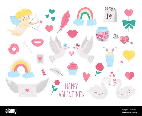 Vector set of Saint Valentine’s day symbols. Collection of cute characters and objects with love ...