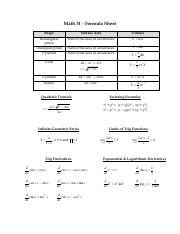 Image result for Math 31 Formula Sheet