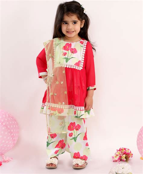 Girls Tulip Print Lacework Frock style Kurta with Plazzo & Dupatta - R ...