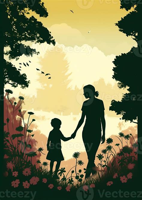 A Silhouette of a Mother and Child Holding Hands and Walking in a Park Surrounded by Blooming ...
