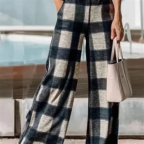 Plaid High Waist Wide Leg Pants, Casual Pants For Spring & Fall, Women ...