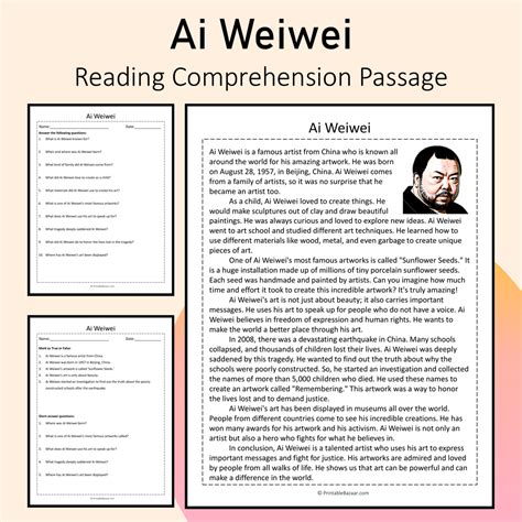 Ai Weiwei | Reading Comprehension Passage Printable Activity ...