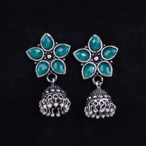 Green Stone Studded Oxidised Dangler With Hanging Jhumki Earrings ...
