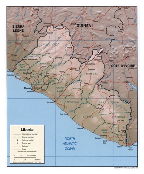 Large political and administrative map of Liberia with relief, roads ...