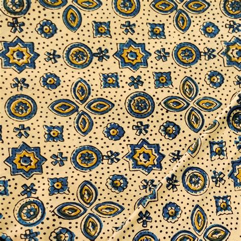 Pure Cotton Ajrak Cream With Flower And Star Tile Motif Hand Block Pri ...