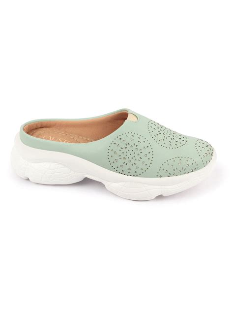 Shop Women Pista Green Laser Cut Back Open Slip On Mules Shoes
