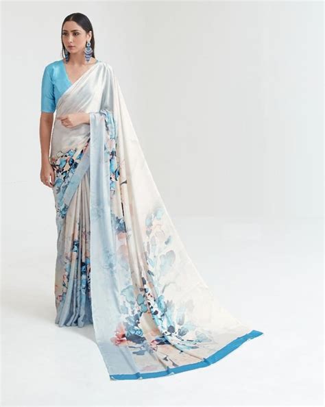White And Blue Satin Digital Print Saree – Maharanisaree