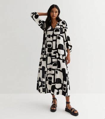 Black Abstract V Neck 3/4 Puff Sleeve Midi Smock Dress | New Look