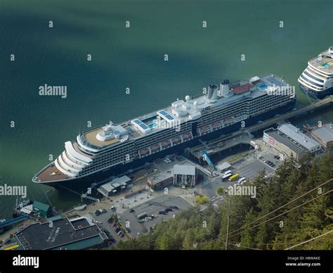 Aerial view of cruise ships docked at the port of Juneau in Alaska, USA ...