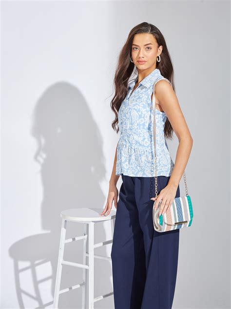 Latin Quarters Women Blue Collar Neck Sleeveless Printed Shirt Blouse