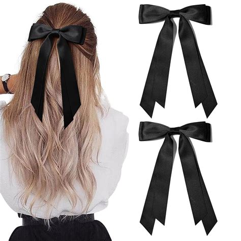 Amazon.com : 2PCS Silky Satin Hair Bows Hair Clip Black Hair Ribbon ...