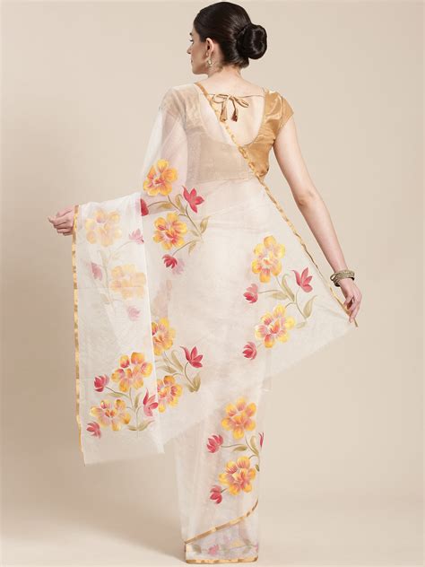 White & Mustard Yellow Floral Hand Painted Organza Saree – Kalakari India