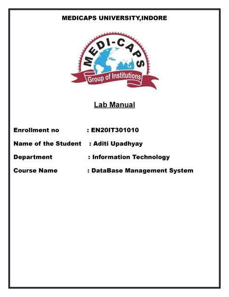 Data Base Management lab File - MEDICAPS UNIVERSITY,INDORE Lab Manual ...