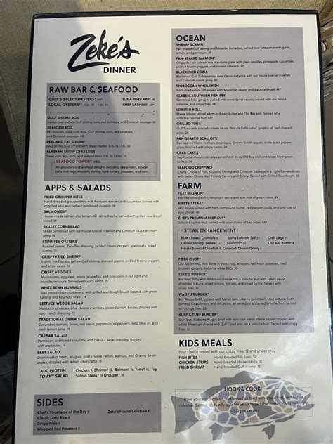 Menu at Zeke's Restaurant, Orange Beach