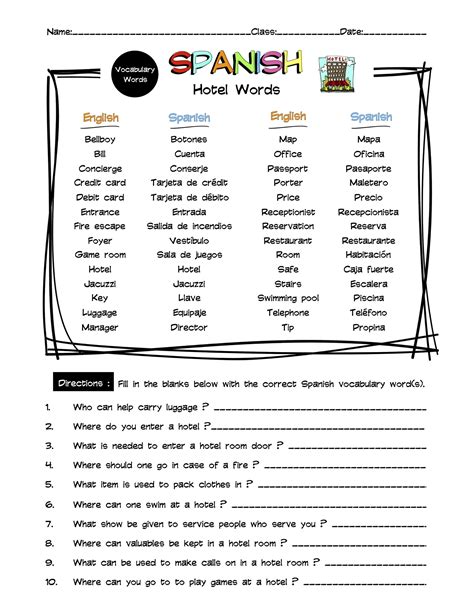 Spanish Hotel Vocabulary Word List Worksheet & Answer Key | Made By ...