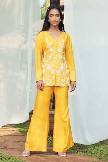 Buy Yellow Silk Cut Work, Beads V-neck Cutdana Embroidered Top And ...