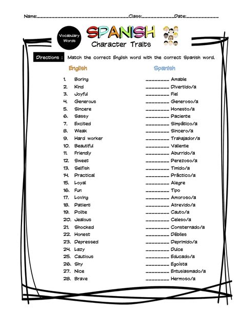 Spanish Character Traits Vocabulary Matching Worksheet & Answer Key ...