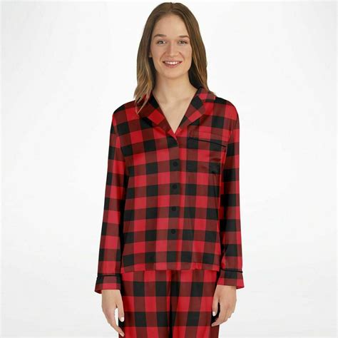 Buffalo Plaid Satin Women Pajama Set, Red Black Check Christmas Long S ...