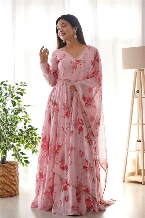 Elegant Pink Organza Anarkali Gown Kurti with Pant & Dupatta | Ethnic ...