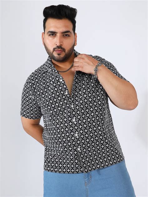 Instafab Plus men's Midnight Black Contrast Embroidered Shirt