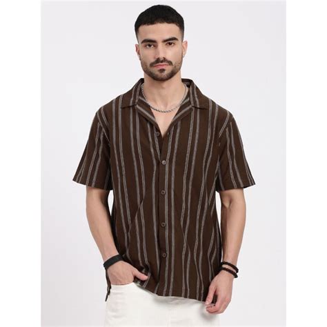 Buy SHOWOFF Mens Brown Cuban Collar Relaxed Fit Striped Shirt Online