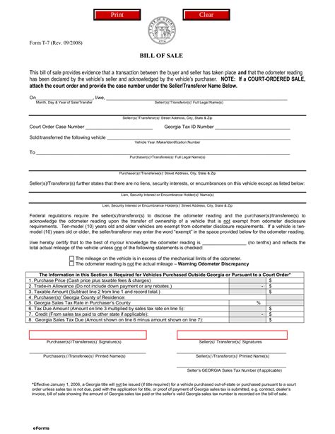 Free Georgia Motor Vehicle Bill of Sale | Form T-7 - PDF – eForms