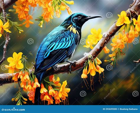 Ai Generated Illustration Wildlife Concept of Tui Bird Kowhai Tree Flowers New Zealand Native ...