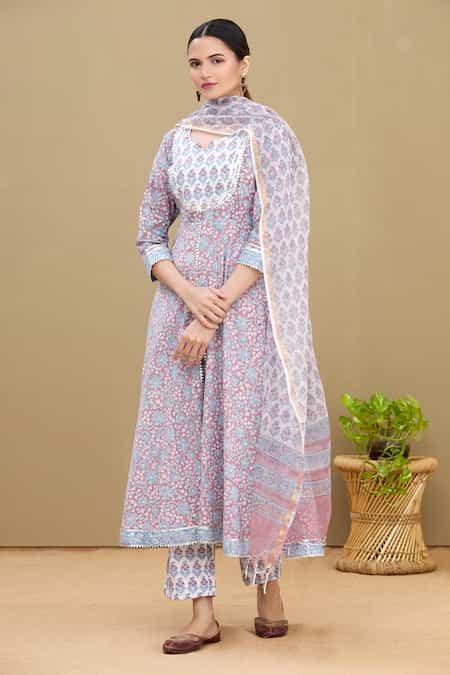 Buy Purple Anarkali And Pant Cotton Dupatta Chiffon Embroidery Round ...