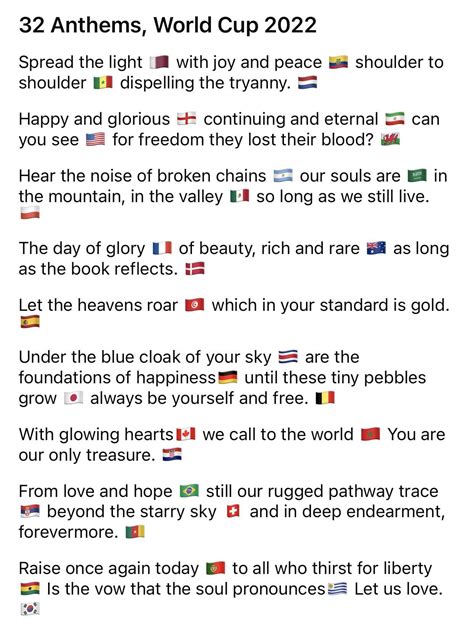 One line from each anthem of the 32 countries playing in the cup : r ...