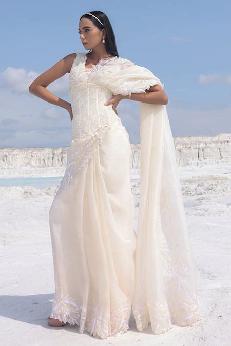 Buy Ivory Organza, Net, Satin Embroidery, Beads Athena 3d Floral Saree ...