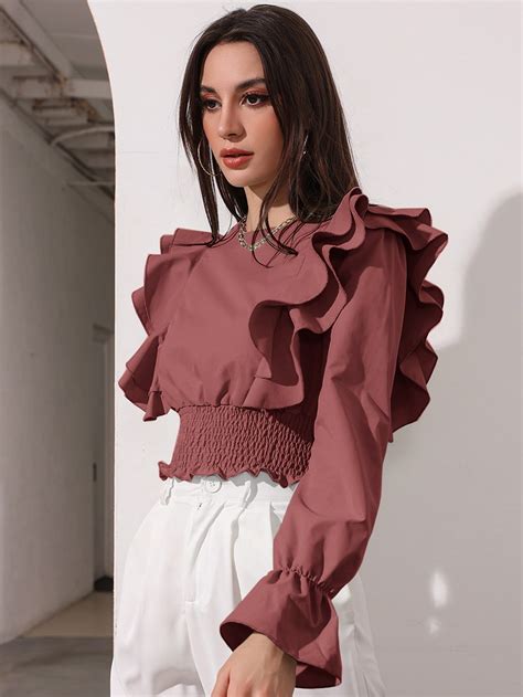 Solid Shirred Layered Ruffle Blouse | Fashion tops blouse, Fashion ...