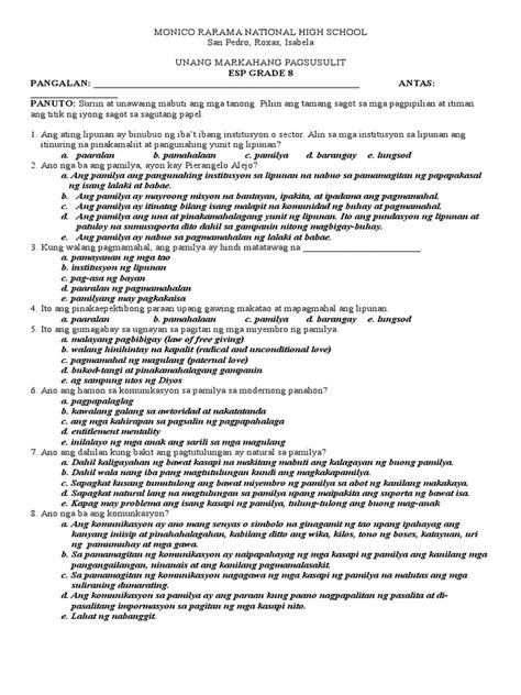 Image result for Answer Key Grade 8 ESP