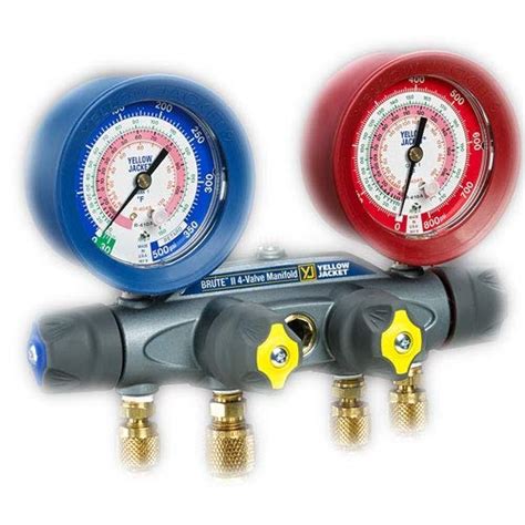 Yellow Jacket 46001 Brute II 4-Valve Manifold with Liquid Gauges, bar ...
