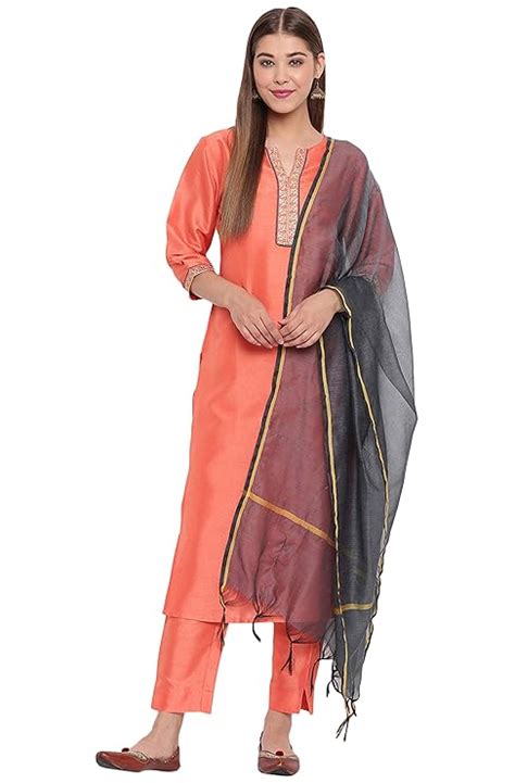 Janasya Women's Peach Poly Silk Solid Kurta with Pant and Dupatta ...