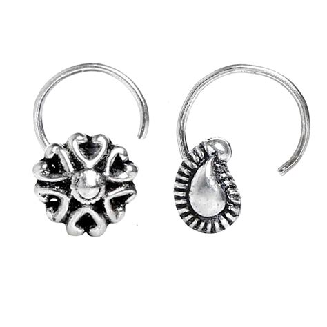 Abhooshan Combo of 92.5 Sterling Silver Flower Antique Oxidized Nose ...