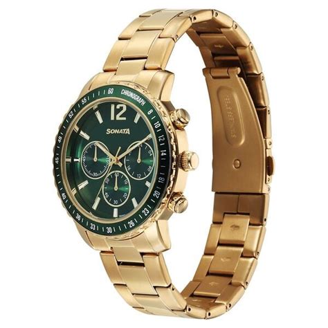 Buy Online Sonata Chronos Quartz Analog with Date Green Dial Golden ...