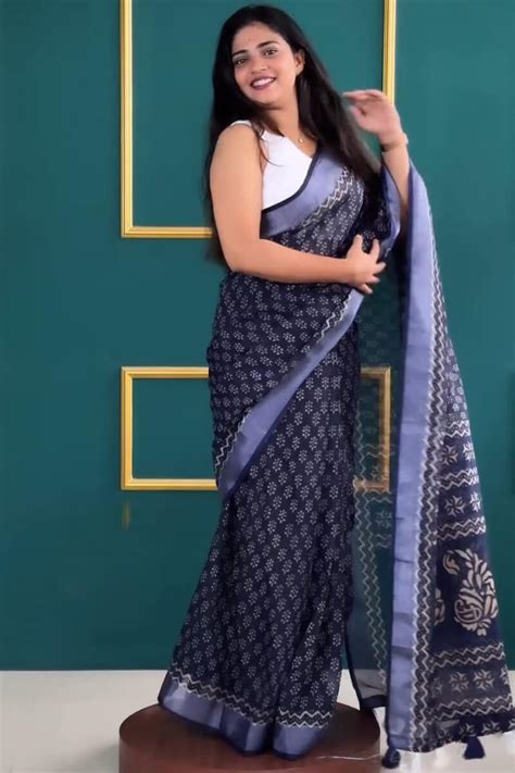 Blooming 1-Minute Ready To Wear Navy Blue Cotton Saree – thelotusfab