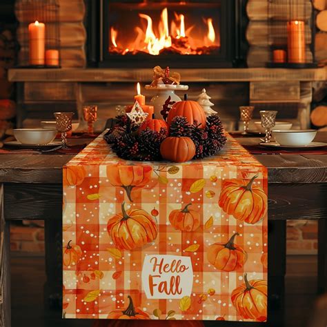 Autumn Pumpkin Watercolor Plaid Table Runner Home Wedding Centerpieces ...