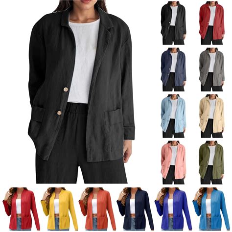 BiZtdJrK Womens Linen Blazer Long Sleeve Notch Lapel Work Office Suit ...