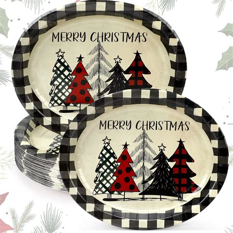 Amazon.com: Ziliny 50 Count Christmas Oval Paper Plates Xmas Tree ...