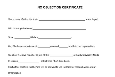 No Objection Certificate Templates - Printable Samples