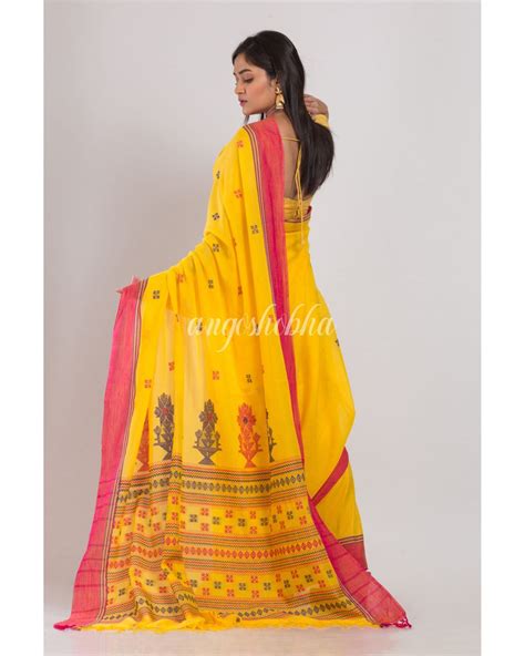 Cotton Yellow Handloom Saree – angoshobha