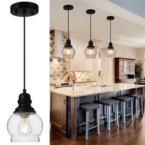 WILON Kitchen Island Light Fixtures, Black Pendant Light with Seeded ...