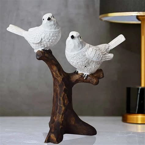 AABCO Poly Resin Birds Set On Branch Statue White Brown, for Home ...